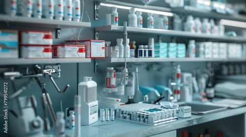 A close-up shot of various medical supplies neatly organized in a nursing station, highlighting the attention to detail and preparedness of nurses on International Nurses Day. photo