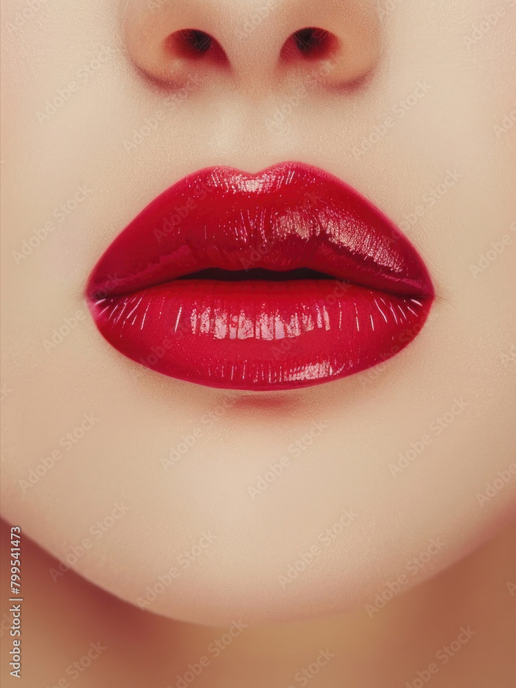 Obraz premium Close-up of woman's lips with bright fashion red glossy lip gloss