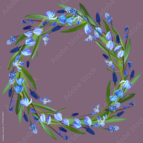 Wreath of snowdrops and muscari on a purple background