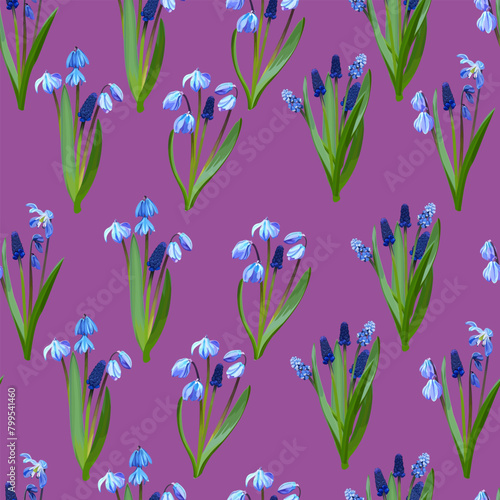 Seamless pattern of snowdrops and muscari on a pink background