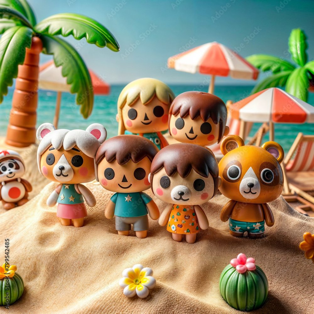 Fototapeta premium A group of figurines standing on top of a sandy beach ,3D illustration,sunset view in background created with generative ai.