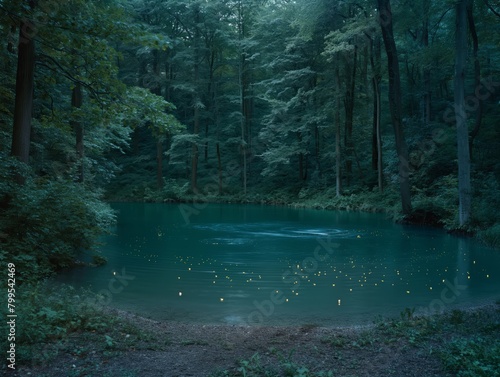 A lake in a forest with a dark blue color. The water is calm and still. The trees surrounding the lake are tall and green