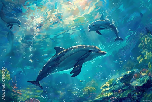 Picture a dreamy underwater tableau featuring a pair of elegant dolphins frolicking in a sunlit azure sea Infuse the scene with a harmonious palette of blues and greens © Gwang