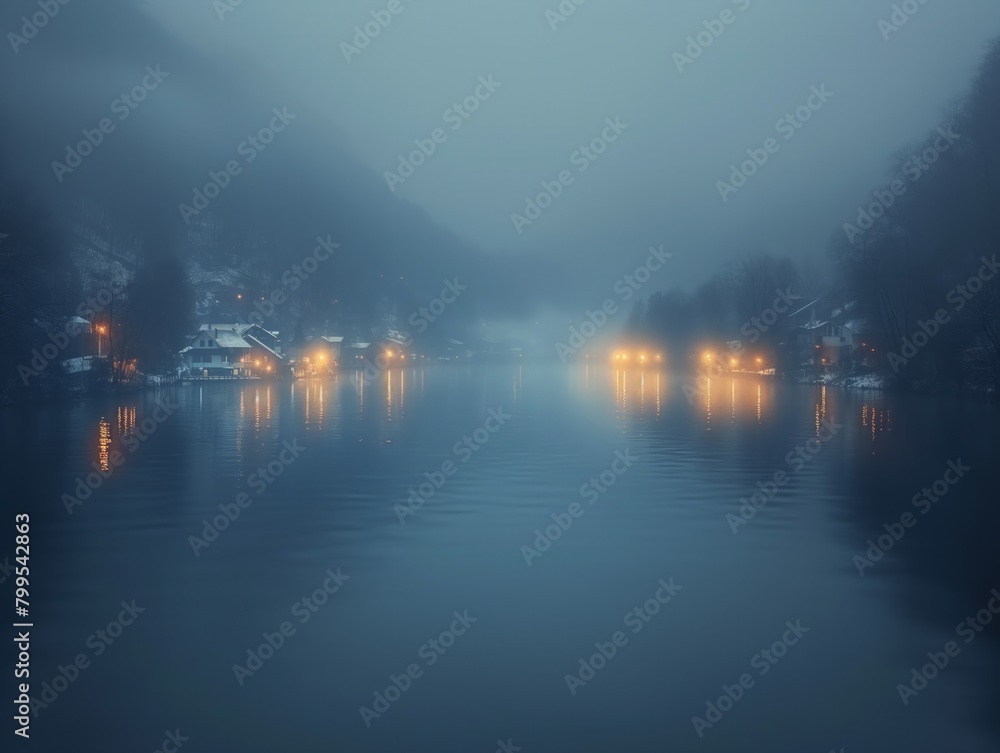 A foggy night with a lake in the background. The water is calm and the sky is dark