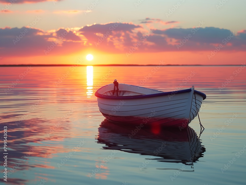 A small white boat sits in the water, with the sun setting in the background. The scene is serene and peaceful, with the boat being the only object in the water