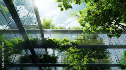 Eco-Friendly Glass Office: Sustainable Building with Trees and Green Environment hyper realistic 