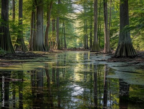 A forest with a river running through it. The water is calm and the trees are tall