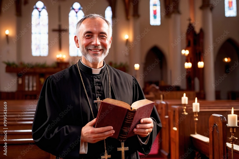 Catholic priest with a bible in his hands standing in church.