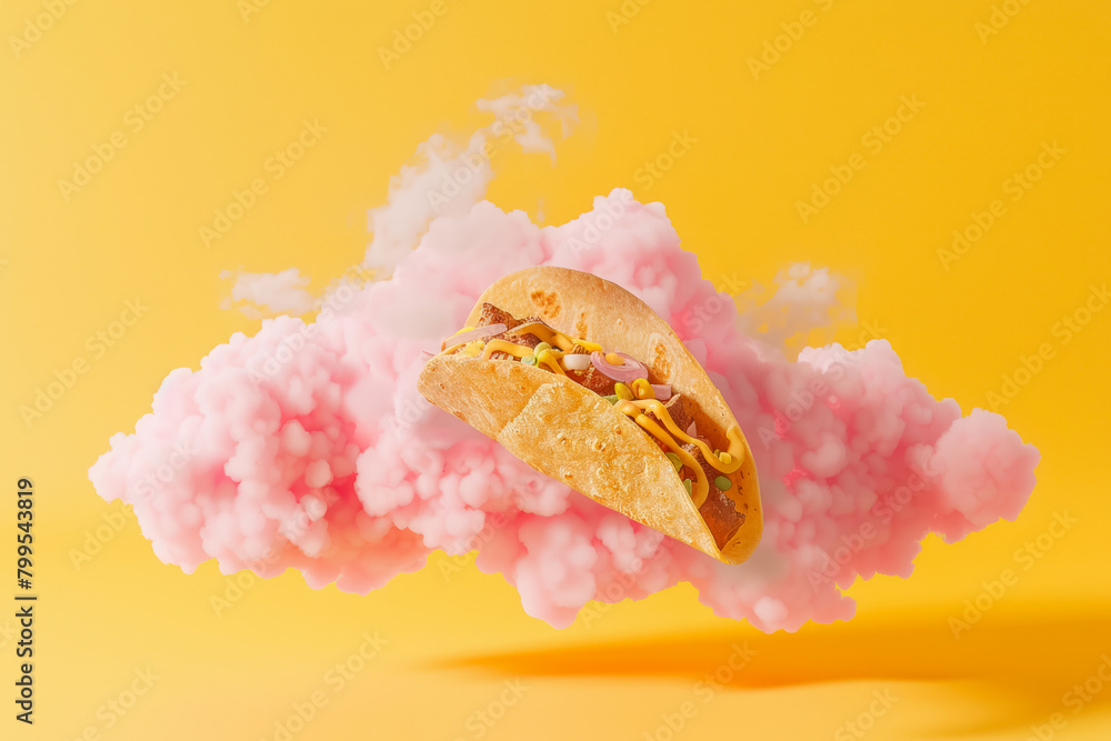 whimsical tacos on pink clouds against a sunny backdrop for cinco de mayo