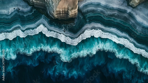 Aerial View of Striped Rock Formations and Turquoise Waves at Coastline photo
