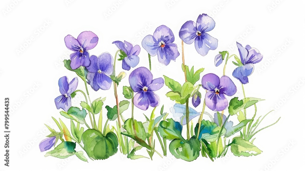 A cute watercolor painting of a patch of violets, small and delicate, minimal watercolor style illustration isolated on white background
