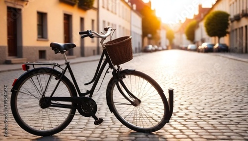 Bicycle is parked on a cobblestone street ,sunset in the background,3D illustration created with generative ai. © cd