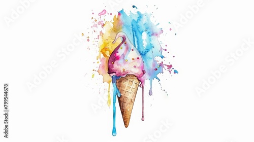 A kawaii ice cream cone, dripping sweetly in this engaging watercolor painting, minimal watercolor style illustration isolated on white background
