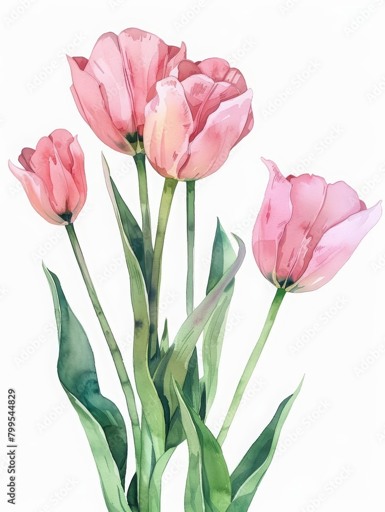 A kawaii watercolor painting of a cluster of pink tulips, looking so cute and fresh, minimal watercolor style illustration isolated on white background A kawaii watercolor painting of a cluster of pink tulips, looking so cute and fresh, minimal watercolor style illustration isolated on white background