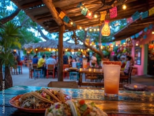 A table with a glass of margarita and two tacos on a plate. The scene is lively and colorful, with people sitting at tables and enjoying their food and drinks