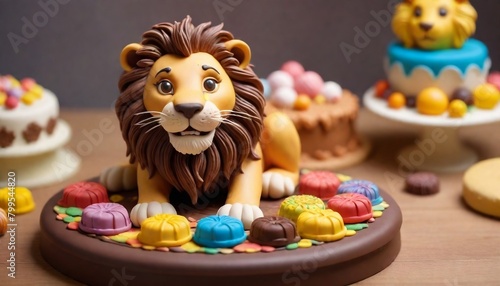 Close up of a lion figurine on a table, cake sculpture art,created with generative ai.