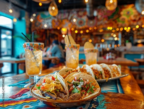 A table with a plate of tacos and glasses of margaritas. The table is set for a group of people to enjoy their meal