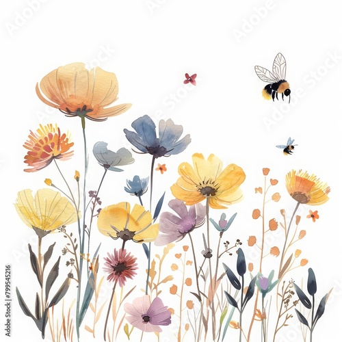 A lovely watercolor painting of a bee buzzing around flowers, simple and clean, minimal watercolor style illustration isolated on white background © Watercolor_Kawaii