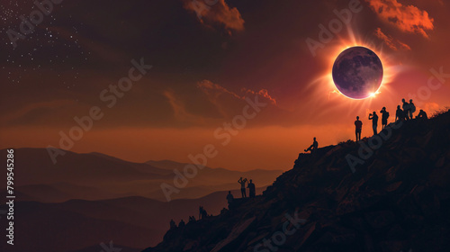 Dramatic Solar Eclipse with Silhouetted Observers on Mountain Top