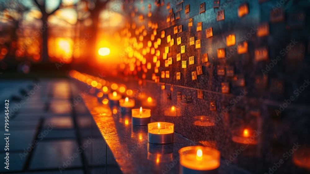 the flickering glow of candles illuminating a memorial wall engraved with the names of fallen soldiers, creating a scene of quiet reverence and remembrance.