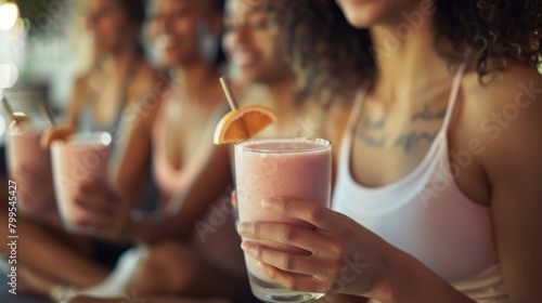 Women enjoying a calming yoga session followed by a healthy smoothie at a wellness center.