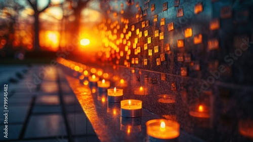the flickering glow of candles illuminating a memorial wall engraved with the names of fallen soldiers, creating a scene of quiet reverence and remembrance. photo