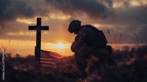 a silhouette of a soldier kneeling beside a battlefield cross, with the American flag draped over it, serving as a poignant tribute to fallen heroes.