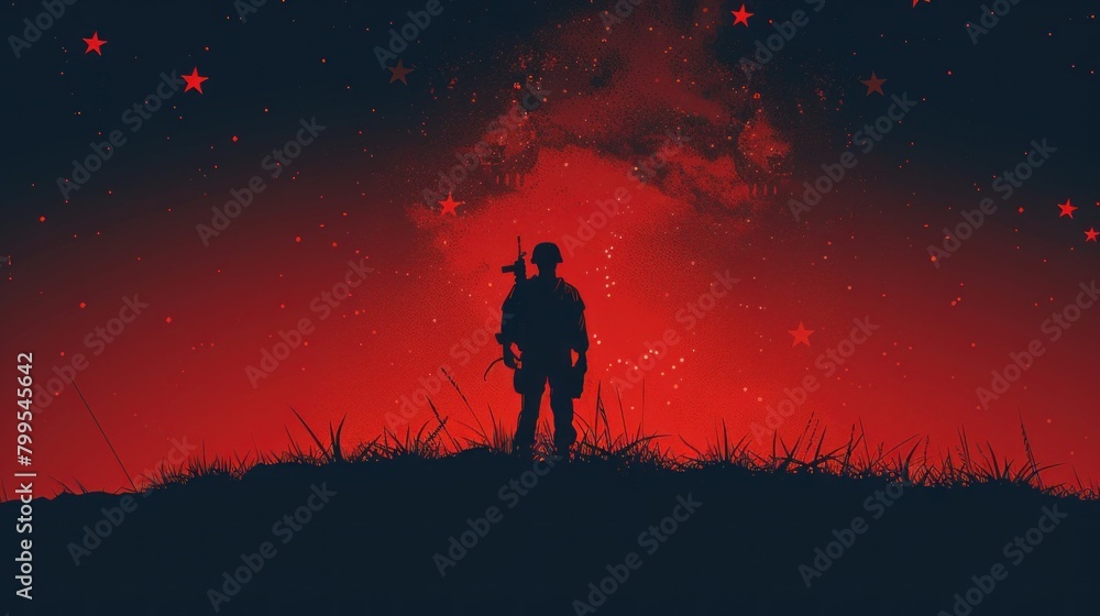 silhouette of a lone soldier against a backdrop of stars and stripes, symbolizing the courage and sacrifice of America's servicemen and women.