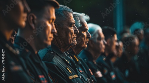 A heartfelt stock photo capturing a moment of silence during a Memorial Day ceremony, with attendees bowing their heads in solemn remembrance. photo