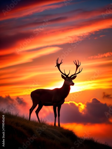 a deer is standing in a field with the sunset in the background.