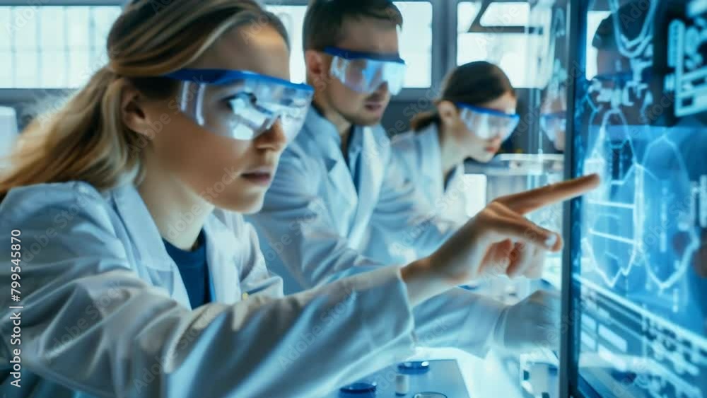 Team of scientists in a high-tech lab analyze data on a transparent digital screen, focused on making new discoveries. Team of scientists in a high-tech lab analyze data on a transparent digital screen, focused on making new discoveries.