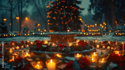 a war memorial adorned with wreaths and surrounded by flickering candles, conveying a sense of reverence and remembrance. photo