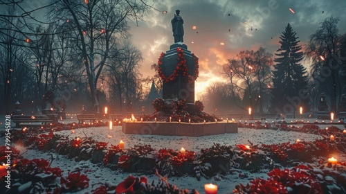 a war memorial adorned with wreaths and surrounded by flickering candles, conveying a sense of reverence and remembrance. photo