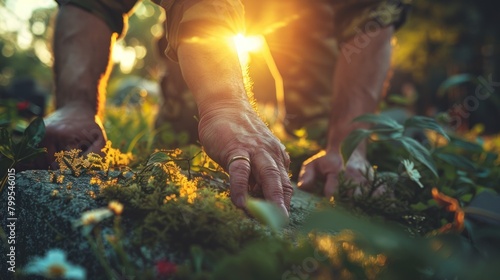 his hand resting gently on the headstone as he pays his respects.