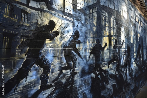 Bring historical events to life with a haunting twist in a side view mural Capture tragic narratives using dramatic shadows and eerie atmosphere Combine detailed street art element