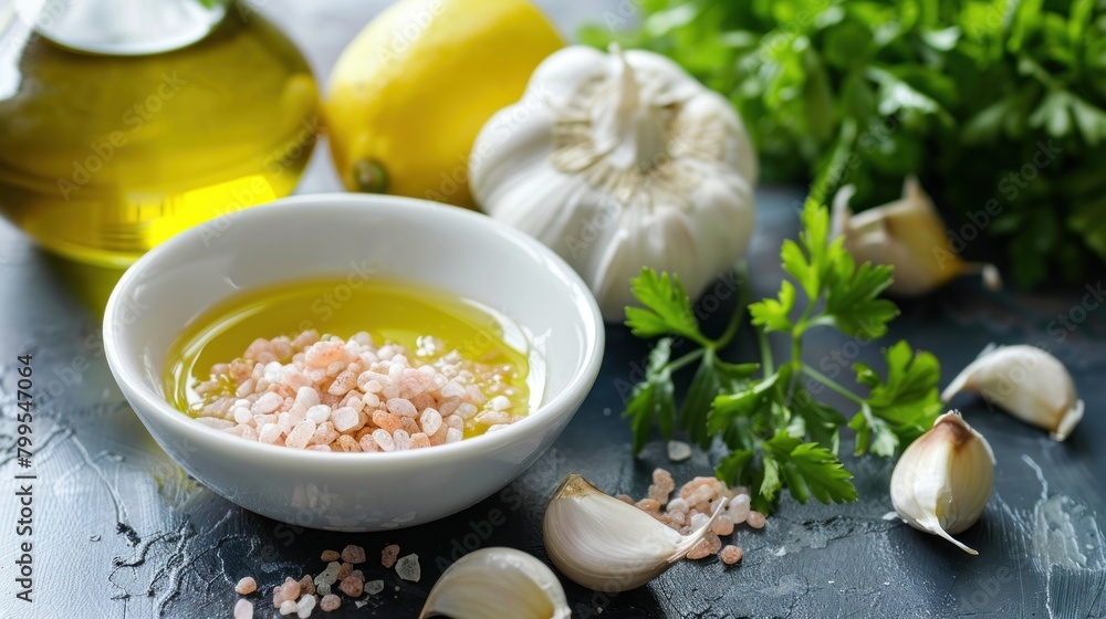 garlic cloves, fresh lemon, olive oil, pink salt and fresh parsley are on the table. white mortar and pestle, garlic cloves, fresh lemon, olive oil, pink salt and fresh parsley are on the table. white mortar and pestle,