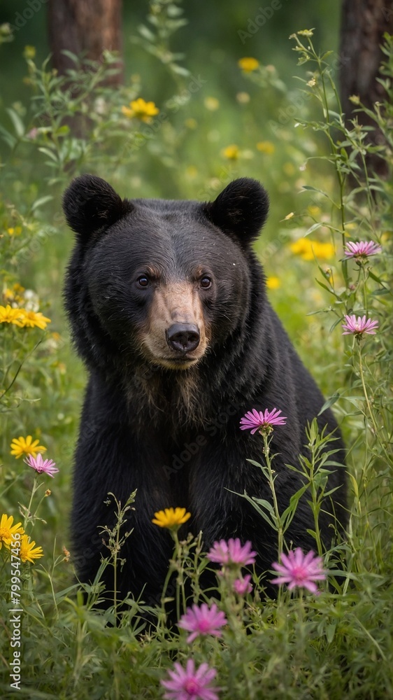 Amidst lush forest, black bear stands tall, its intense gaze fixed forward. Vibrant wildflowers surround it, creating harmonious blend of wildlife, nature. Amidst lush forest, black bear stands tall, its intense gaze fixed forward. Vibrant wildflowers surround it, creating harmonious blend of wildlife, nature.