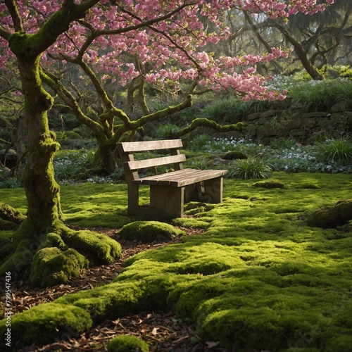 Amidst lush, green mossy landscape, wooden bench sits beneath blossoming cherry tree. Soft sunlight filters through branches, illuminating vibrant pink flowers. Tranquility.