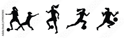 Set of Women soccer player silhouettes. Isolated on white background. Vector illustration