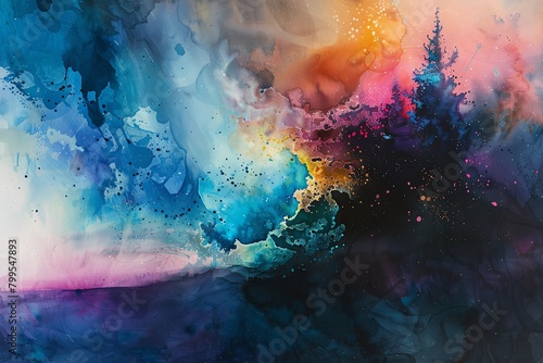 Create a mesmerizing fusion of space exploration and musical expressions in a dreamlike watercolor landscape Use vibrant hues to depict otherworldly orchestral scenes that evoke a