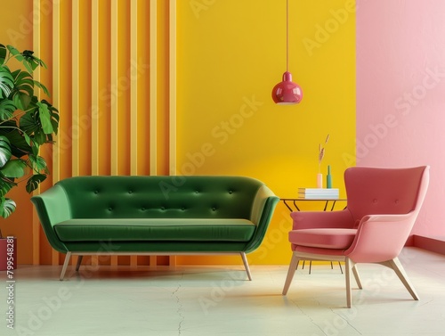 Green sofa and pink lounge chair. Minimlaist home interior design of modern living room. 
