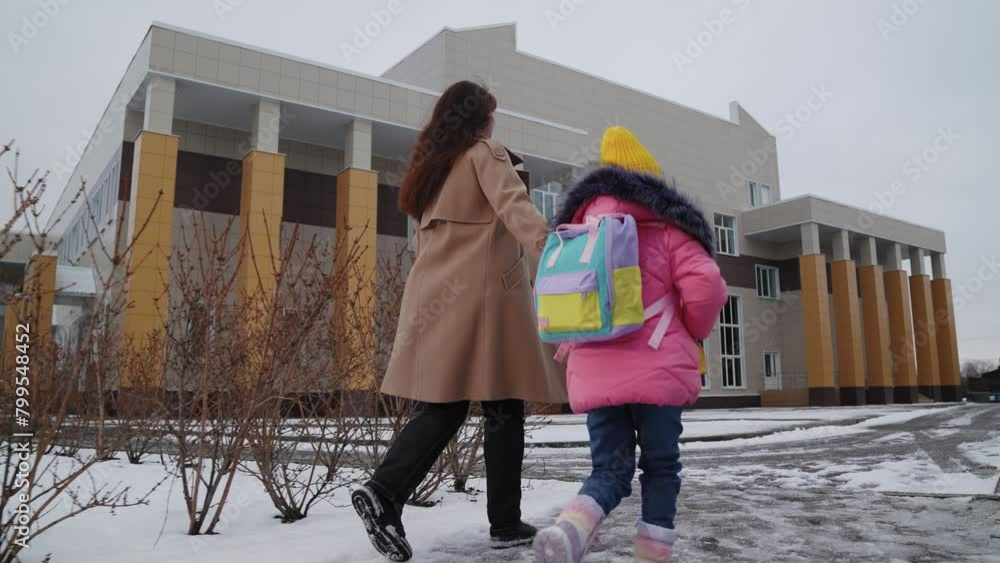 child schoolboy runs holding his mother hand school, child girl kid