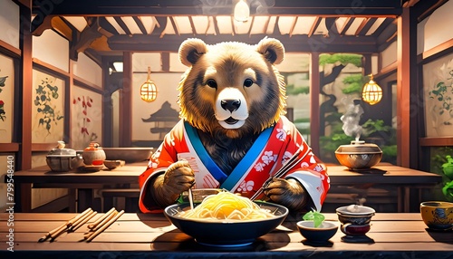 At one of the tables, a cute, anthropomorphic bear is seated, slurping up a steaming bowl of udon noodles photo