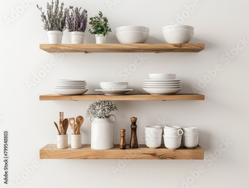 Scandinavian minimalist design in interior of apartment, flat for rent or sale and home blog. Modern plates and cups, kitchen utensils, potted plants on wooden shelves, on light wall, empty space 