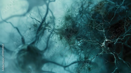 Microscopic view of interconnected neurons with blue tint © Artyom
