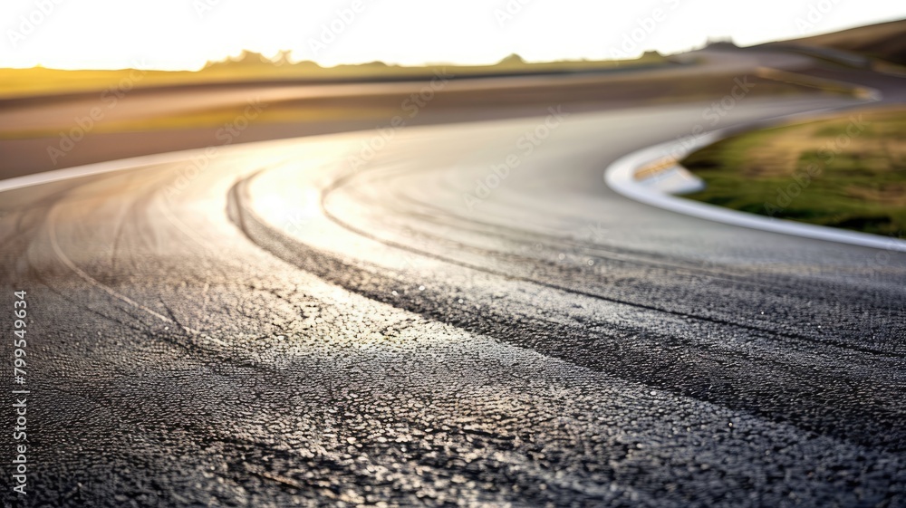 Empty curved road with sunrise in background Empty curved road with sunrise in background