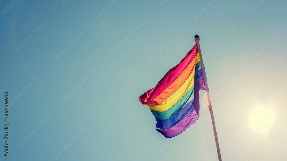 Rainbow flag waving under sunny sky symbolizing LGBTQ+ pride Rainbow flag waving under sunny sky symbolizing LGBTQ+ pride