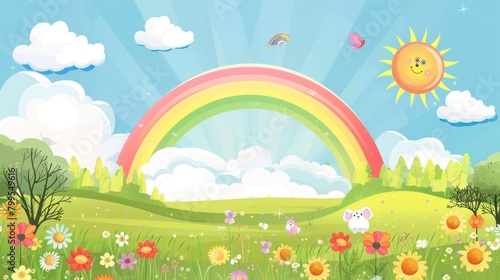 Flowering grass garden in spring Illustration design  with a beautiful rainbow view  children s themed background.