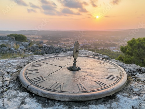 A clock with roman numerals on a stone base. The clock is set at 10:00