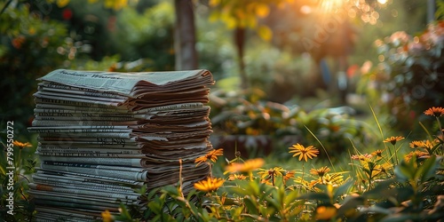 Newspapers are folded and stacked in the garden